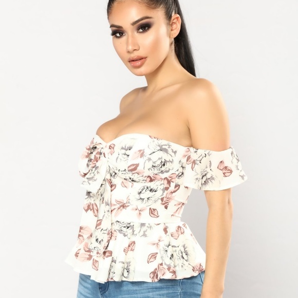 White floral nude mauve off shoulder peplum top XL - Picture 3 of 4